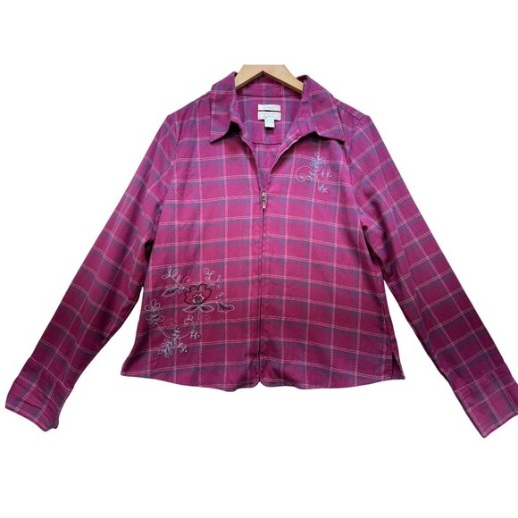 Christopher & Banks Womens Zip Up Shirt Jacket Size L Pink Plaid - Picture 1 of 5